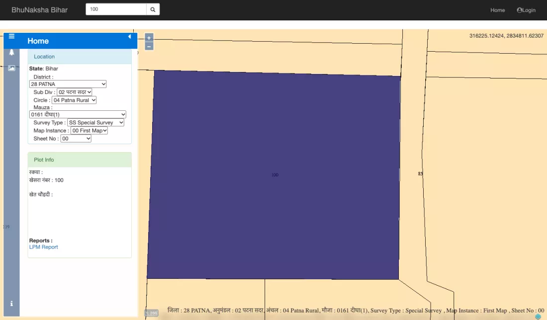 Khesra 100 of Digha mauza Patna selected on Bhu Naksha Bihar, with the LPM Report link in Plot Info