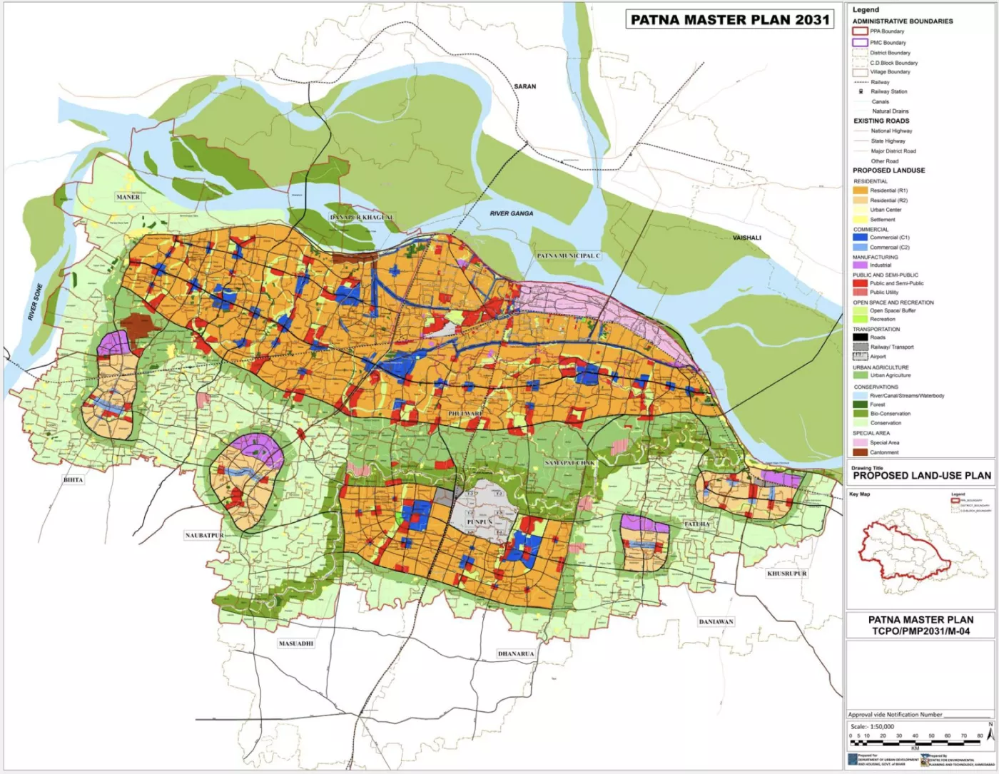 Patna Master Plan 2031 proposed land use map showing the green belt: urban agriculture and conservation zones in green